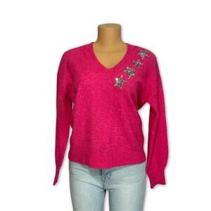 LOFT Hot Pink V Neck‎ Sweater Star Embellishment Long Sleeve Cozy Women Size L